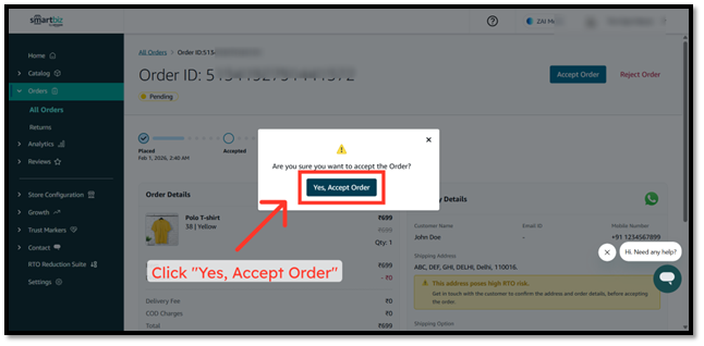 Confirm Order Acceptance
