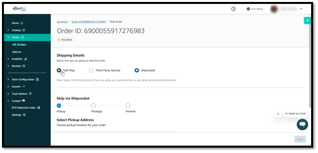 Enter Self Shipping Details